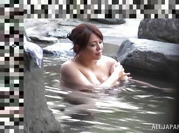 Bosomy Japanese seductress has MMF threesome sex in the pool