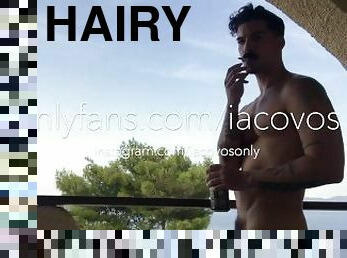iacovos naked on hotel room balcony, soft, semi and hard cock