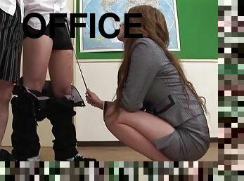 Clothed office slut giving a handjob and a blowjob