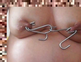 nippleringlover pregnant pierced milky tits kinky nipple play with hooks & large gauge nipple rings