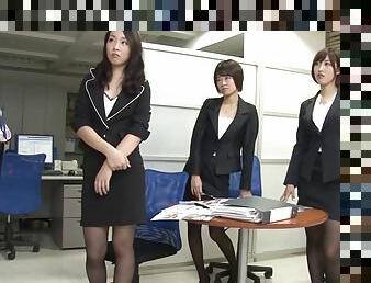 Three hot Japanese office workers giving their boss a footjob