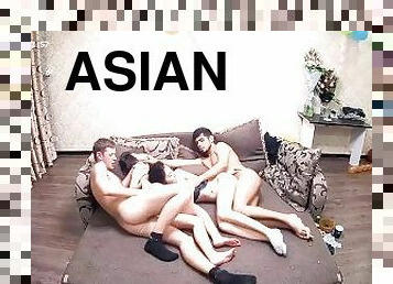 azijski, amaterski, međurasno, žestoko, par, grupni-seks, prstima, jebavanje, u-četvero, sestra