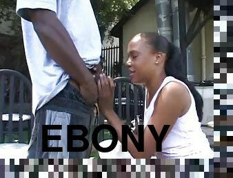 Ebony honey sucks a dong outdoors then gets screwed till orgasm