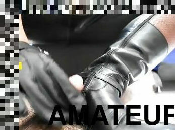 Bootjob handjob & cock crush with leather 2 tones riding boots