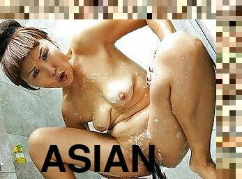 asian grandma toying at the shower