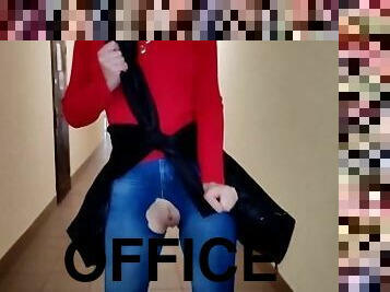 Alice walks down the office corridor in jeans with a hole in her pussy without panties