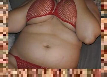 Horny hotwife in red fishnet bikini shows her cheating creampie leaking from pussy!