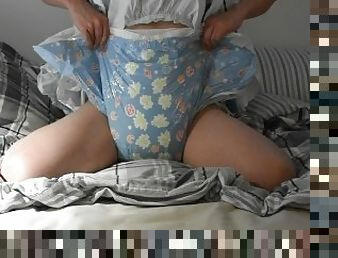 Crossdresser Wearing a Blue Dress, Diapers and Jerking off 2