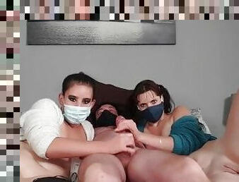 COVID 19 masks on girl girl guy oil cock massage threesome  cumshot