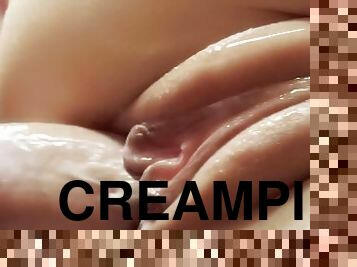 Dick and pussy kiss. Creampie close-up