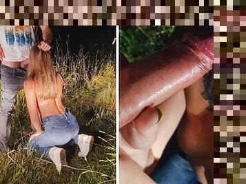 An obedient slut on her knees public sucks my cock and eats cum in the forest