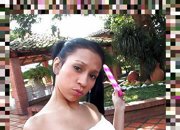 Pigtailed beauty Rubi Meza and her shaved pussy