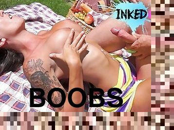 Inked Gurlz - Big Boobs Tan Milf Banged on the Lawn Outside in Public