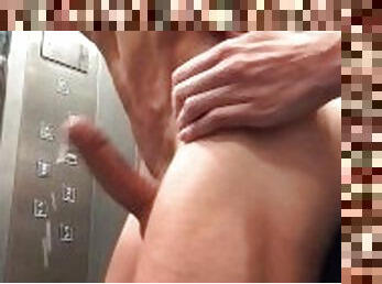 Twink boy fucked bareback in elevator by straight neighbour and cums 3 times!