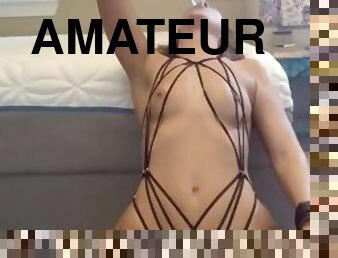 Deepthroating Dildos in Strappy Outfit and Cuffs