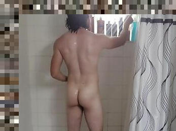 Dirty college amateur grower takes a nice, hot shower after work.