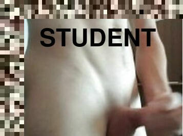 Young student jerks off to orgasm, moans