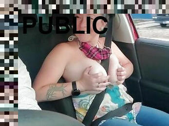 gros-nichons, énorme, public, femme, amateur, babes, milf, voiture, seins, brunette