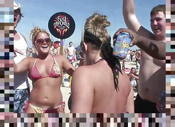 Charming babes in bikini casting their sexy tits partying wildly at the beach in reality shoot