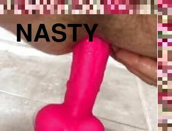 Naughty Guy at the Shower House has Anal Sex with 3 wall suction Dildos until he Cums w/ a BBC Dildo