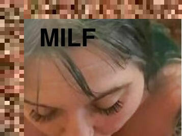 MILF sucks moaning latinos cock until he cums in her mouth.