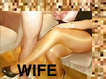 Gentle blow job from wife. Crossed legs in shiny tan pantyhose