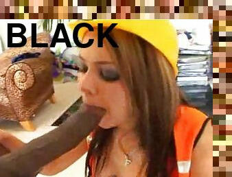 Hot brunette slut delights in sucking black cock