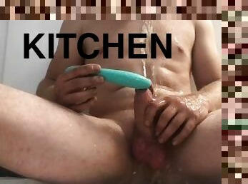 Teen squirts from vibrator on kitchen carpet