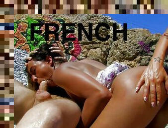 en-plein-air, gode-ceinture, amateur, anal, ados, française, plage, trio, brunette