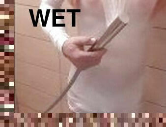 Sissy in the shower she soaks a white dress under which she has nothing