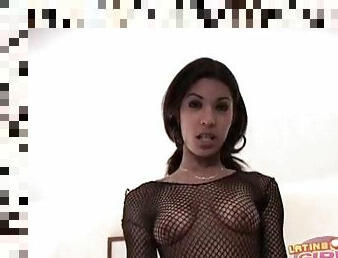 Slim body Latina in fishnet top gives blowjob