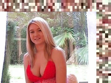 This video has a real busty blonde who has some wicked natural tits that she likes to show off