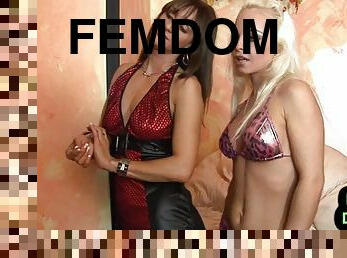 Femdom CFNM babes 3some pegging and spanking poor sissy