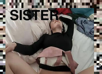 Step Sister smiling while having huge orgasm, Naemyia mini skirt and tights