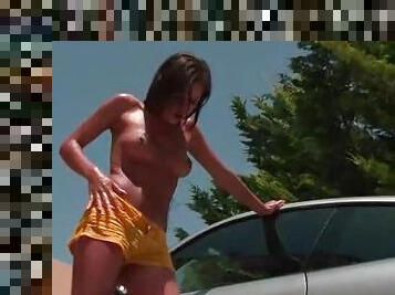 Car wash girl soaks her clothes for us