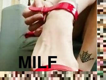 Milf dangles hot red open toe stiletto heels