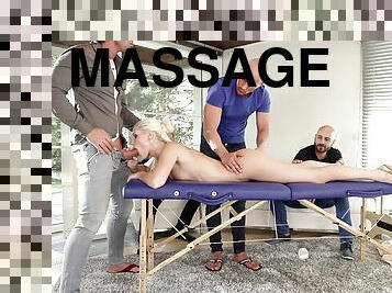 Massage class turns into a gangbang of the hot blonde model