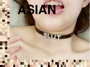 Asian teen in diaper give handjob and eat cum