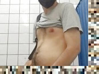 Nipple hurting hard /public bathroom hairy belly man, peeing in the floor