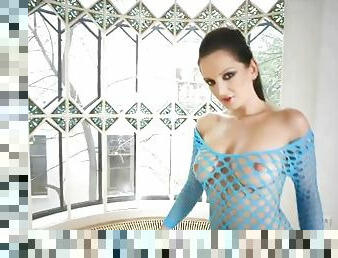 Blue fishnet dress on pornstar Sandra Shine