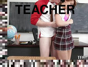 The teacher pounds her pussy on his desk for her extra credit assignment