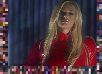 Shyla Stylez in red latex moves her sexy panties for friend's hard dick
