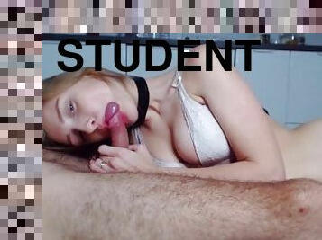 Student girl with tattoo sucking her boyfriend dick