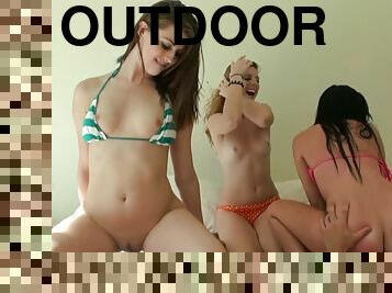 Three pretty girls in bikinis get fucked at a pool party