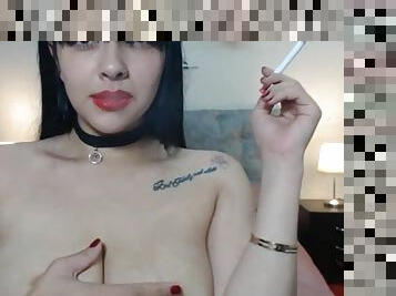 store-pupper, amatør, webkamera, amerikansk, alene, røyking, brunette, tattoo