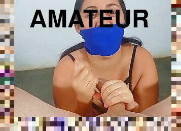 Over-the-mouth Sock Gagged 20-year-old Latina Amateur Gives Handjob Like A Pro!