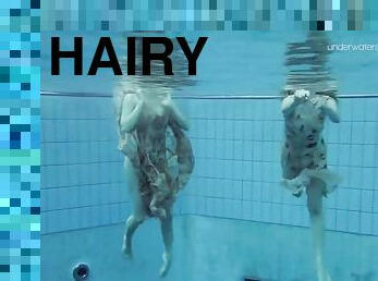 Two hot hairy beauties underwater