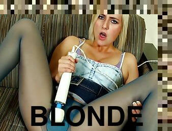 Blonde Hair Beauty Kate Using A Vibrator Wearing Blue Pantyhose