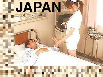 Sexy Japanese nurse blows a patient and rides his dick