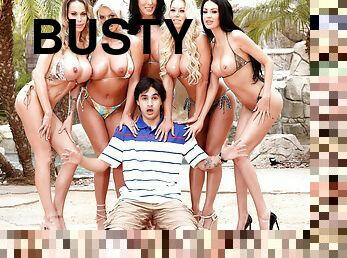 Young nerd is lucky to fuck five busty sluts at the same time